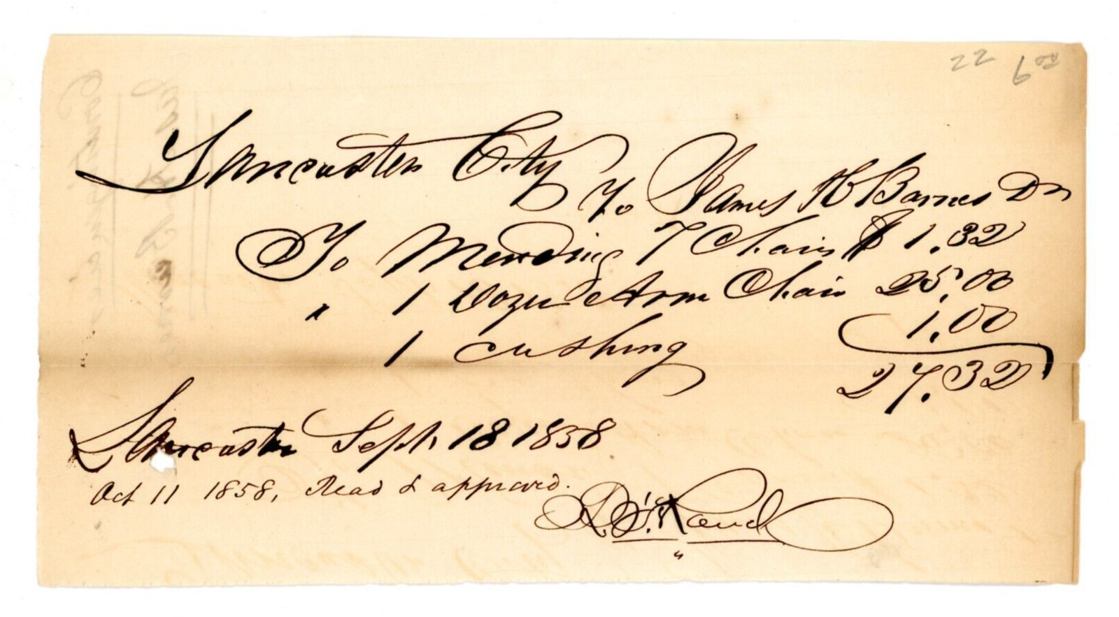 1858 Handwritten antique receipt Lancaster PA Jason H Barnes signed ?? Randall