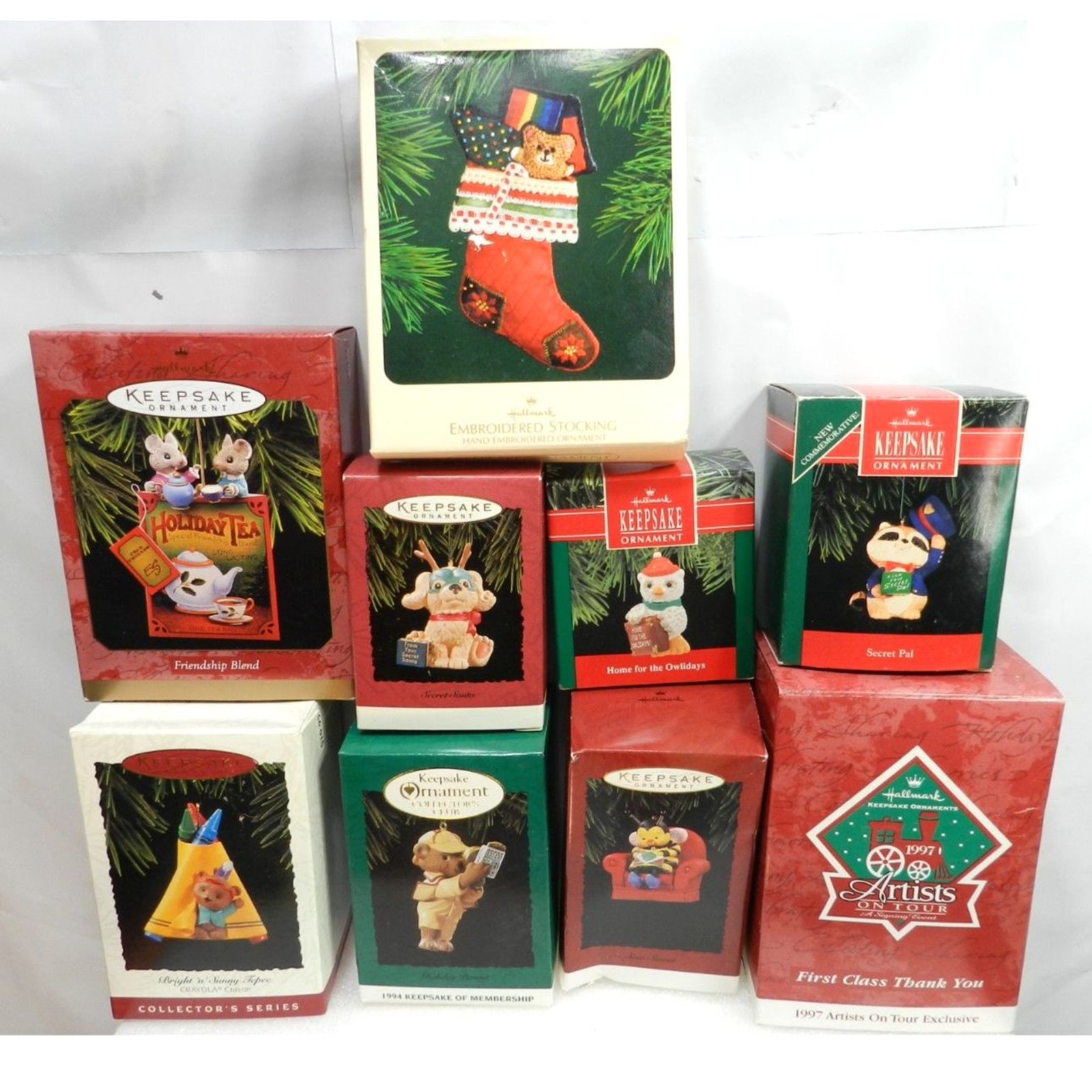 9 Hallmark Keepsake Ornaments 90\'s NIB Bears Mice Bees Birds (U43K)