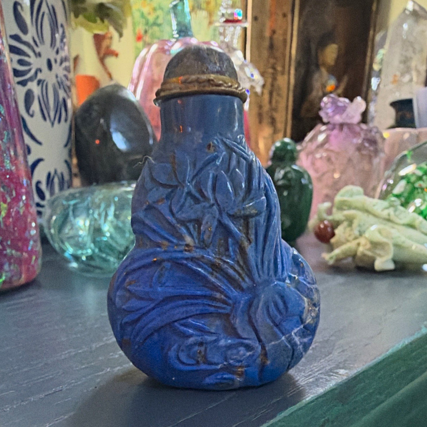 Vintage Chinese Carved Lapis Lazuli Snuff Bottle – Floral Relief