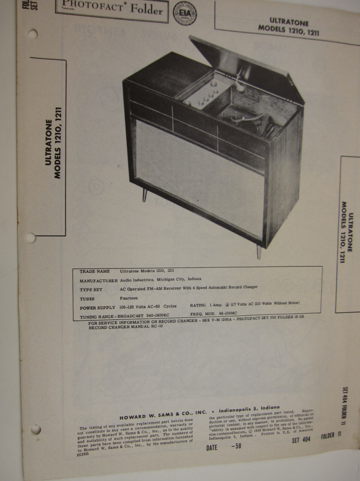 SF 1950's Sams Photofact  ULTRATONE Model  1210, 1211   BIS