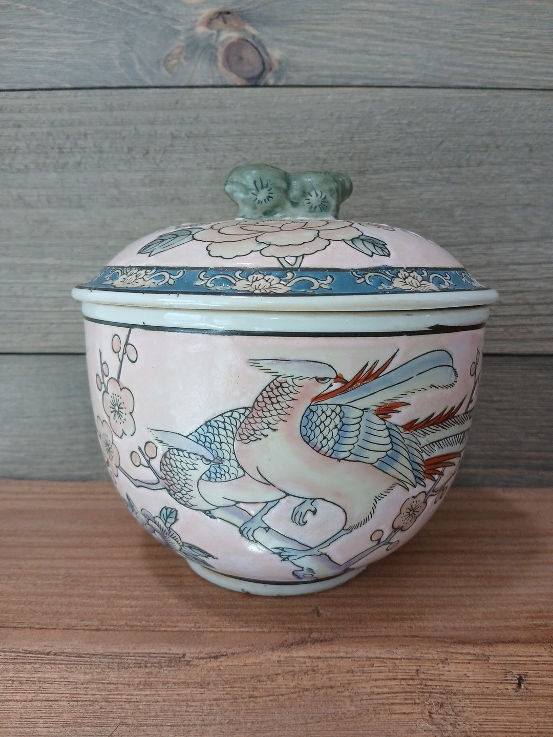 Vintage Chinoiserie PHOENIX Bird Lidded Jar Andrea By Sadek Cherry Blossom 