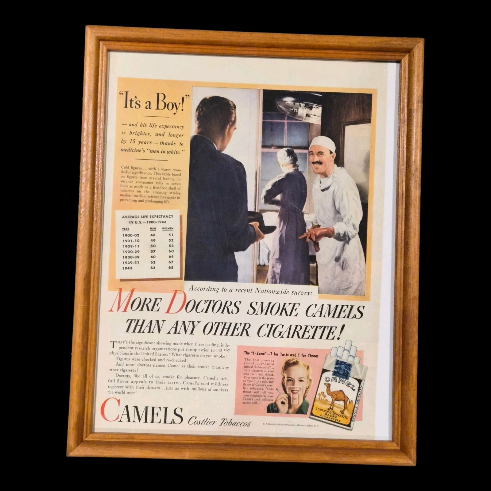 Vintage 1940s Camel Cigarette Magazine Ad It's a Boy Doctors Smoke Framed 12x15