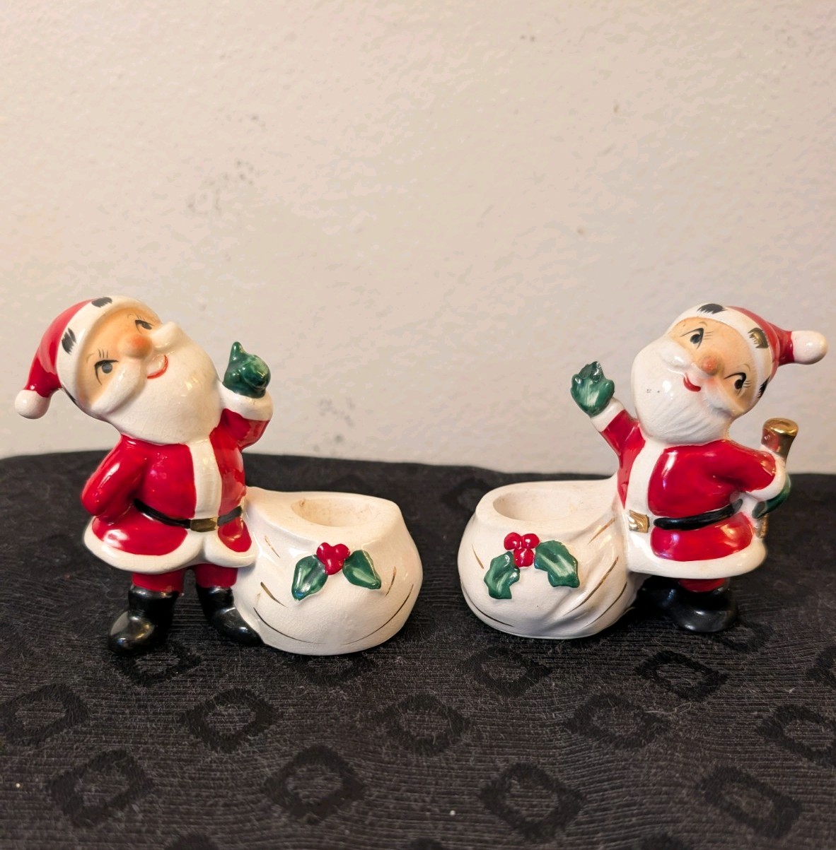 Pair vintage 1958 Holt Howard Japan ceramic Christmas Santa Candlestick Holders 