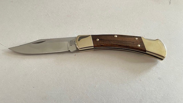 BUCK 110USA Hunting Pocket Knife Ebony Wood Handle Plain Blade Lockback - Great.