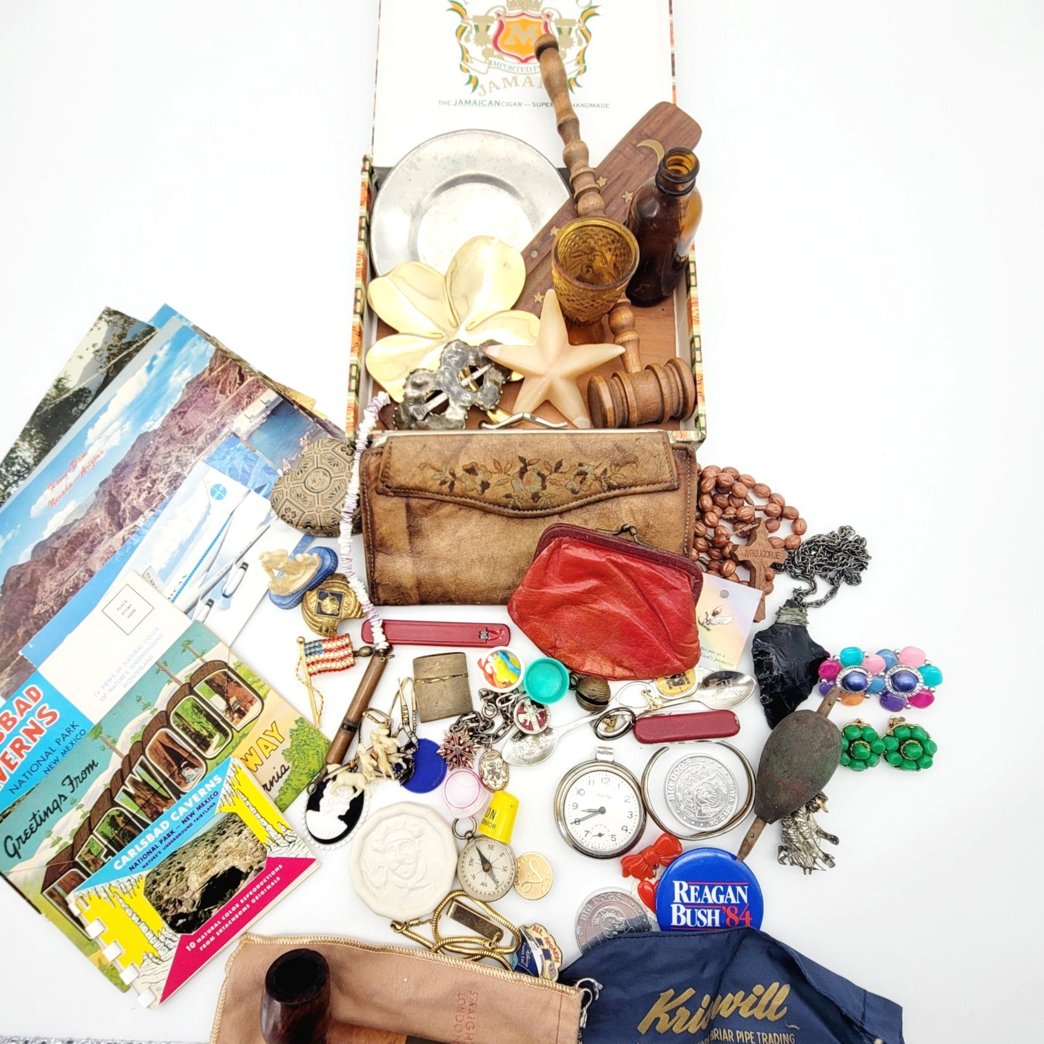 Vintage Antique Junk Drawer Lot Pipe Postcards Pins Tokens Leather Wallets Spoon