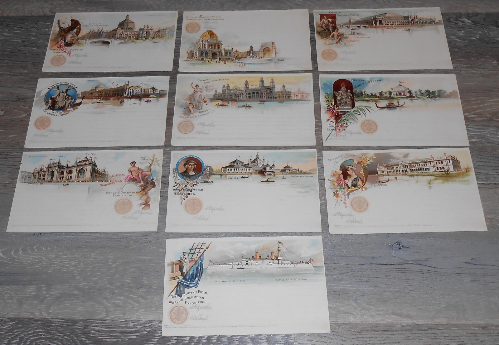 1893 World\'s Columbian Exposition Official Postal Cards Complete Set 10