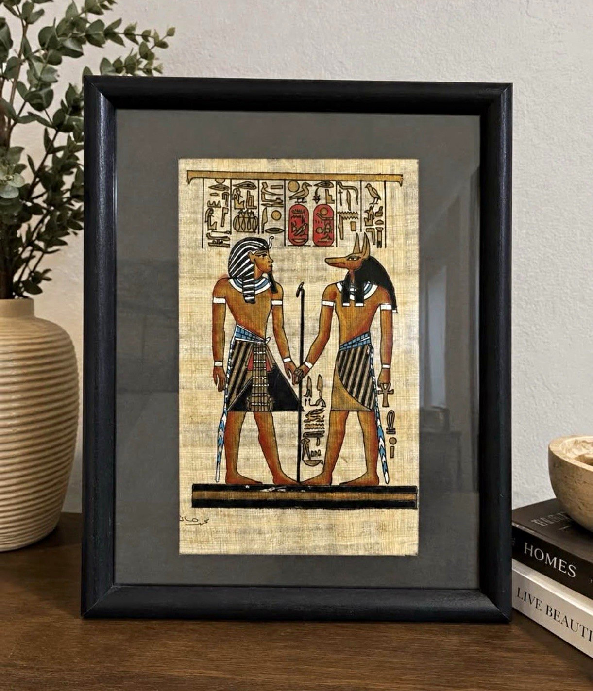 Framed Egyptian Papyrus Artwork with Anubis Figure and Hieroglyphics