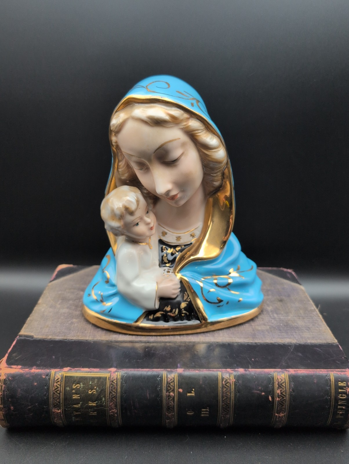 Vintage Italian Porcelain Madonna & Child Figurine Blue Gold Made in Italy