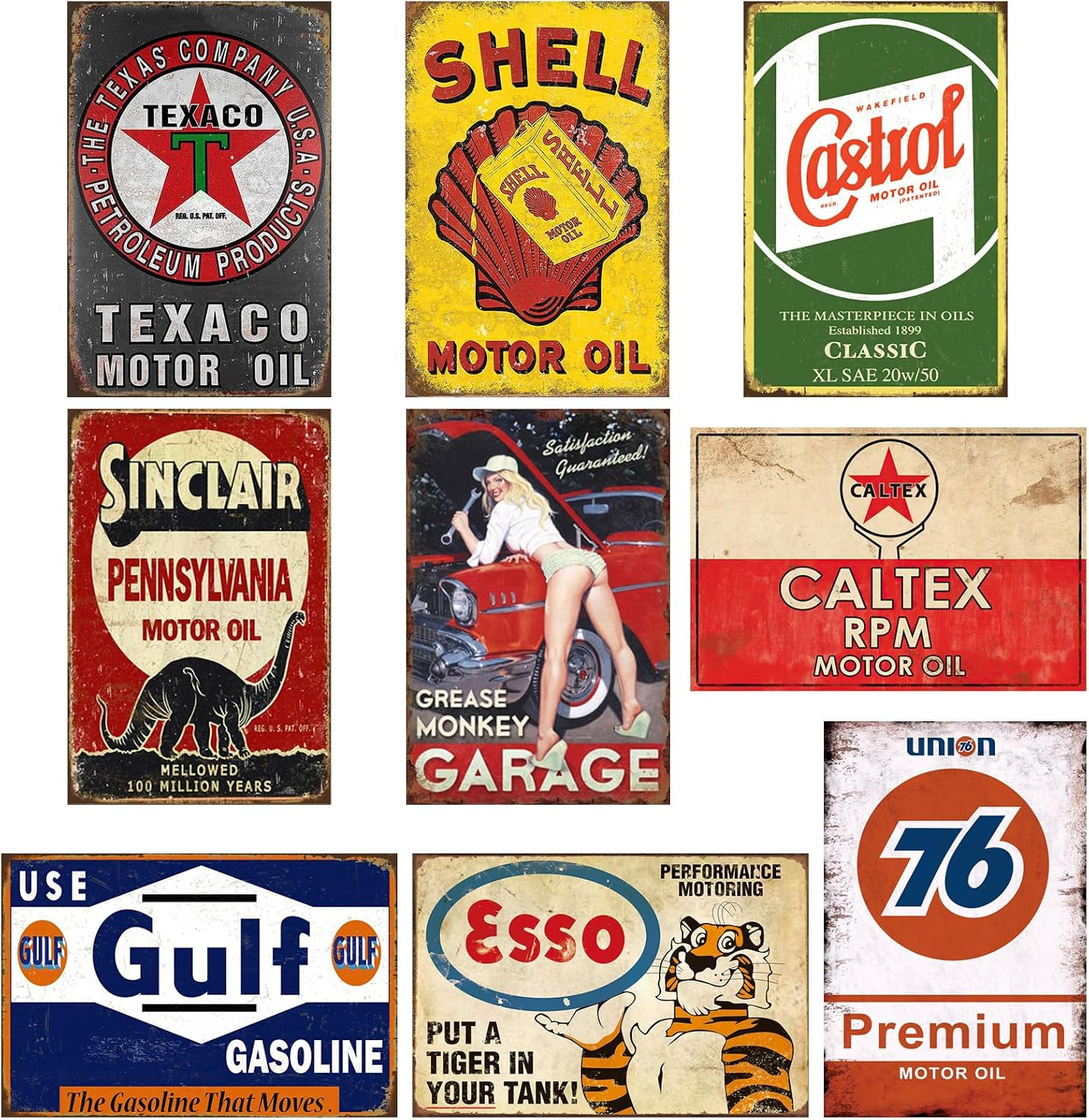 9 PCS Vintage Metal Tin Garage Signs, Retro Oil & Gas Station Wall Decor for Man