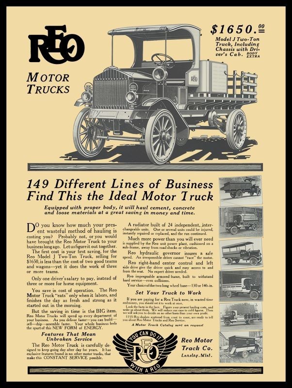 1914 REO Motor Trucks Model J - Lansing, Michigan NEW Sign: 24 x 30