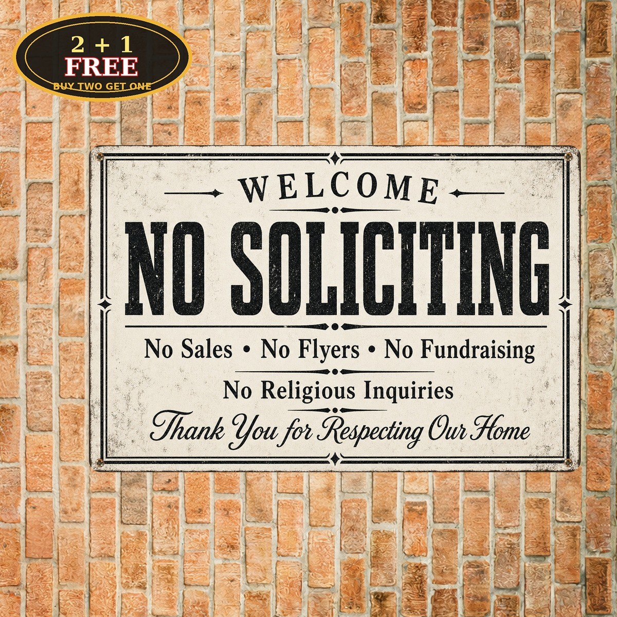No Soliciting Welcome Sign Religious Queries Distressed Border Metal Tin Sign