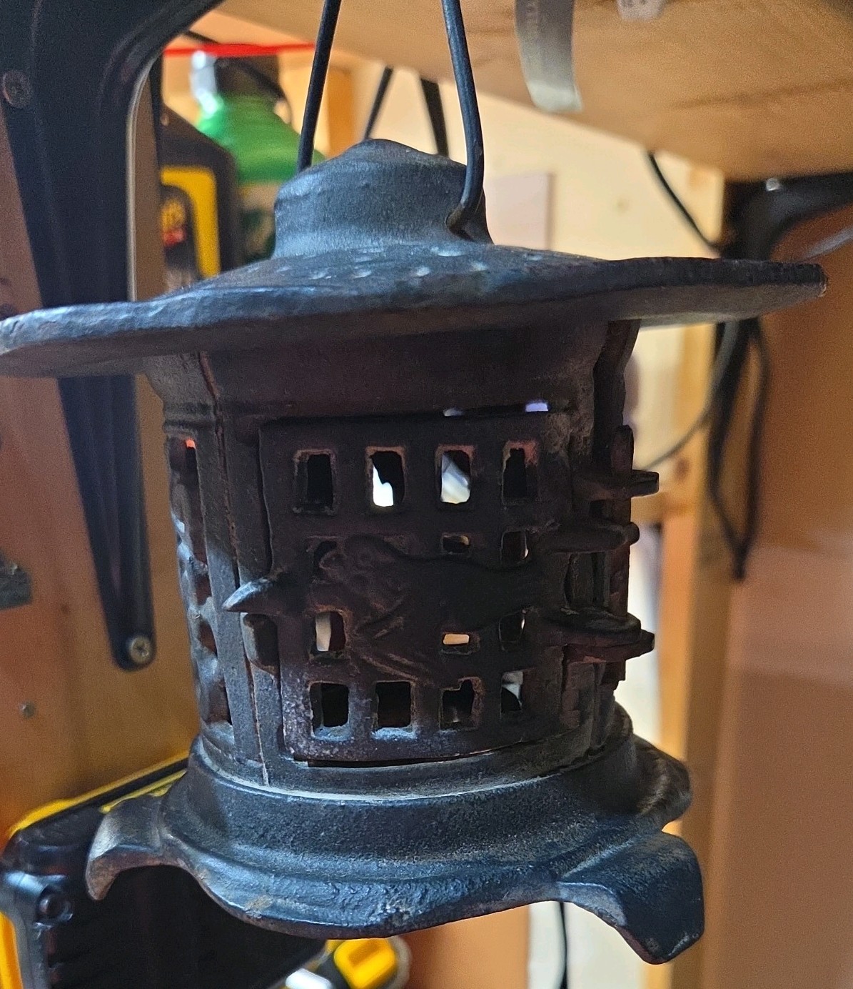 Vtg. Japanese Lantern Cast Iron Pagoda Candle Bird Bamboo Handle Hanging  Deco