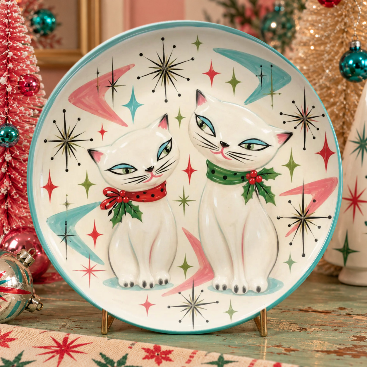 Atomic Holt Howard Vintage Inspired Christmas Plate Cat Cats Pixie Figurine 1950