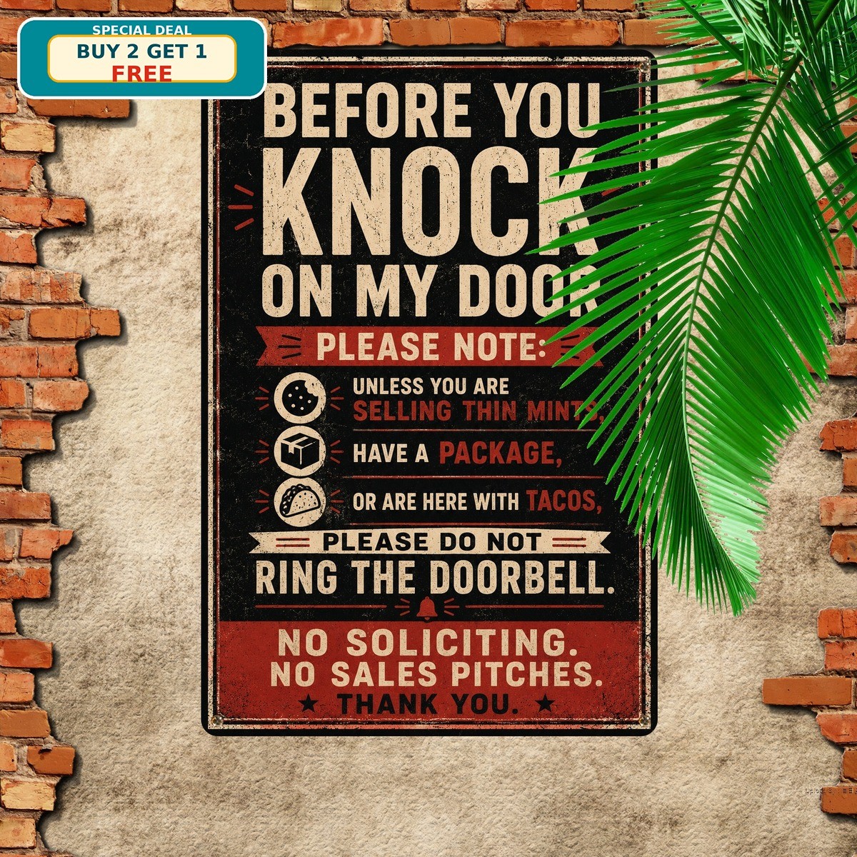 No Soliciting Before You Knock Door Warning Metal Tin Sign