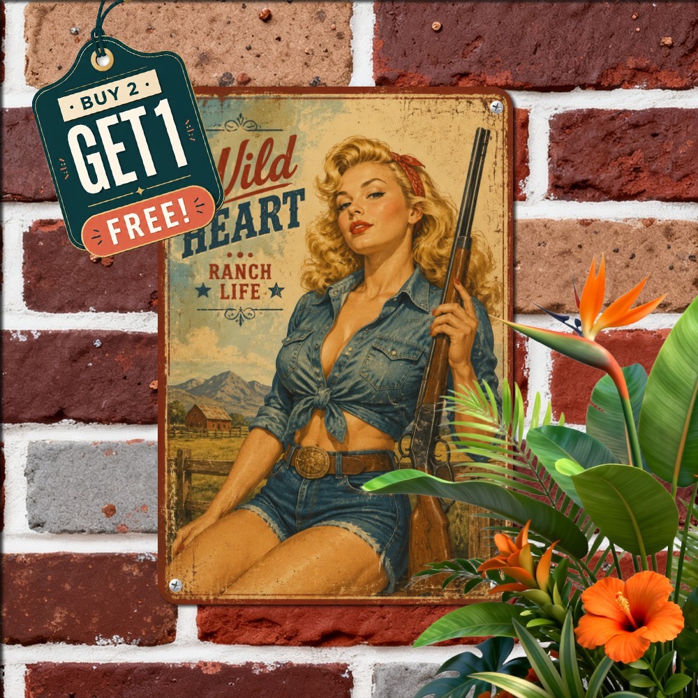 Western Cowgirl Gunslinger Tin Sign Vintage Pinup Saloon Metal Wall Decor