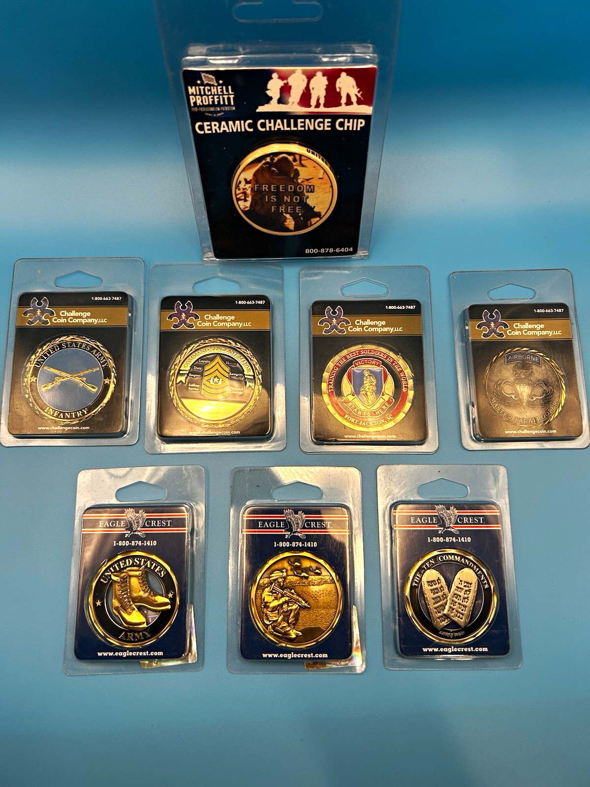 Militaria Lot of 8 Challenge Coins/Chip w/ Ceramic Chip, Eagle Crest & Co