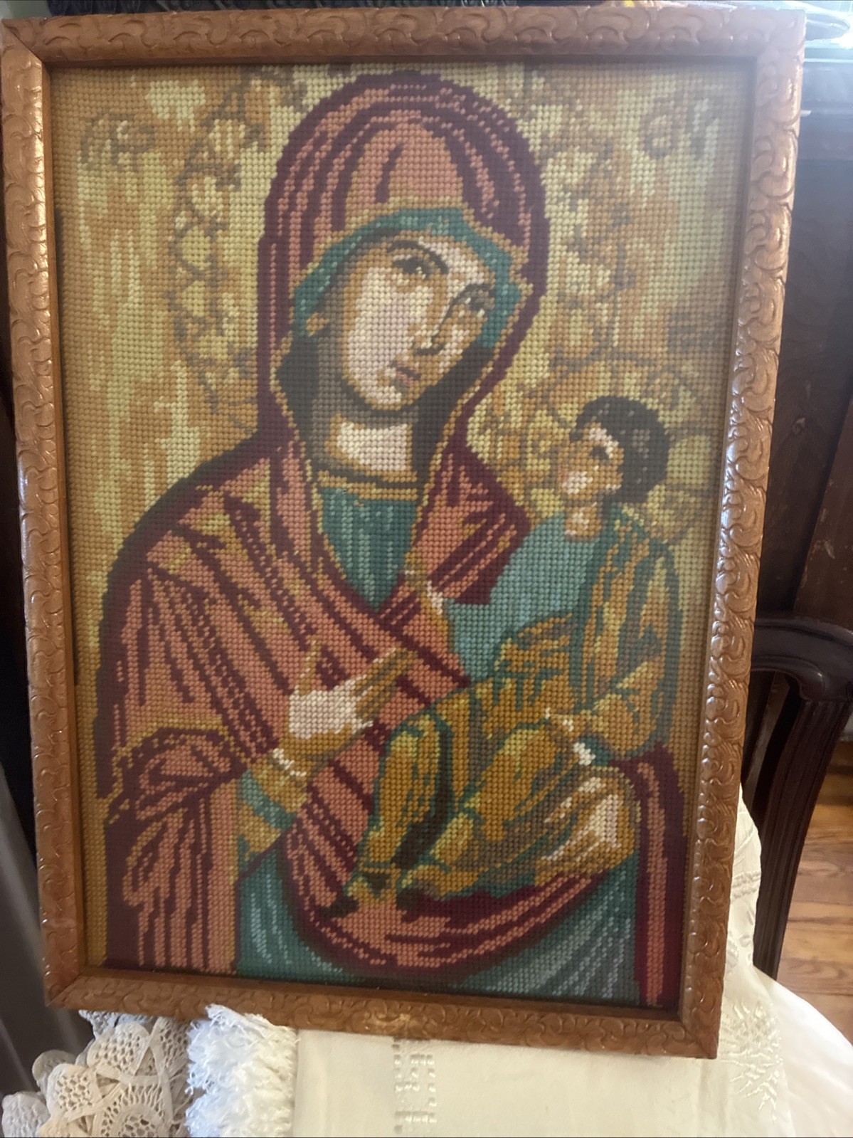 Vintage Madonna Virgin Mary Wool Needlepoint Framed Tapestry Religious Wall Art