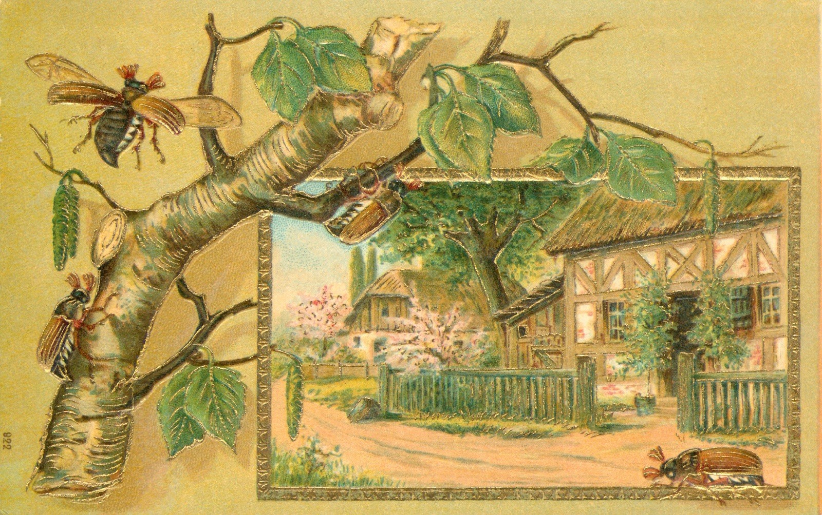 Bugs Crawling Flying Golden Embossed Postcard Antique 1907 Beautiful Card  N