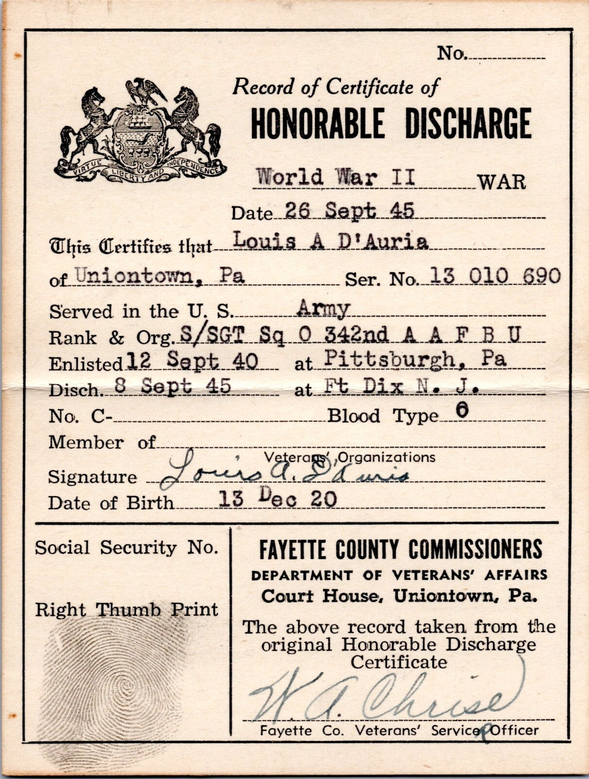 WWII Veteran's ID card- Honorable Discharge Card - Louis A. D'Auria  (1920-2001)