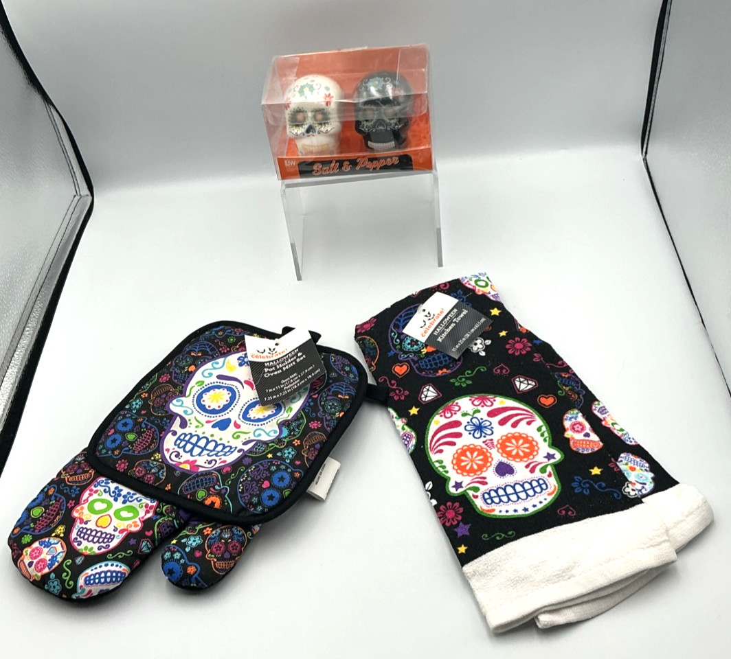 Day of the Dead Sugar Skull Dish Towel Salt Pepper Shakers Halloween Set New