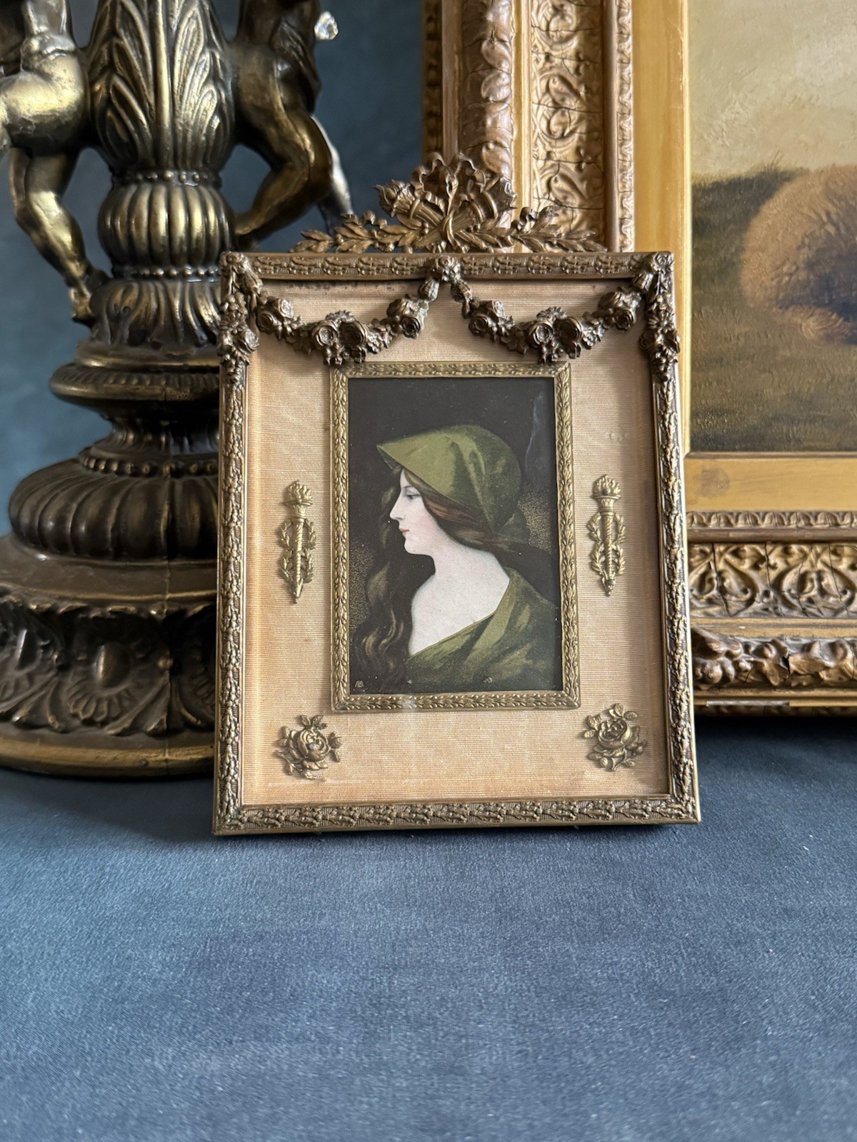 Antique French  Gilt Ormolu Picture Frame Silk Mat German Tin Portrait 7.5”