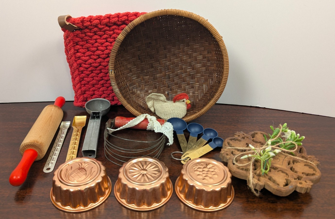 Vintage Kitchen Vignette Lot Copper Molds Rolling Pin Basket Utensils Red Decor