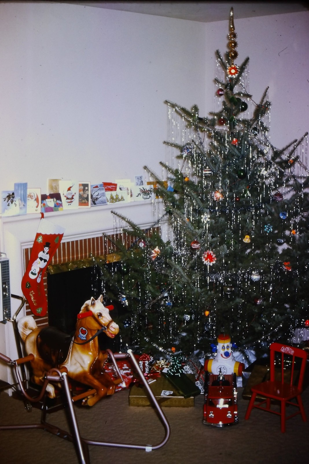 c1960's 35mm Slide, Christmas Tree Rocking Horse Fireplace red Child Color Photo