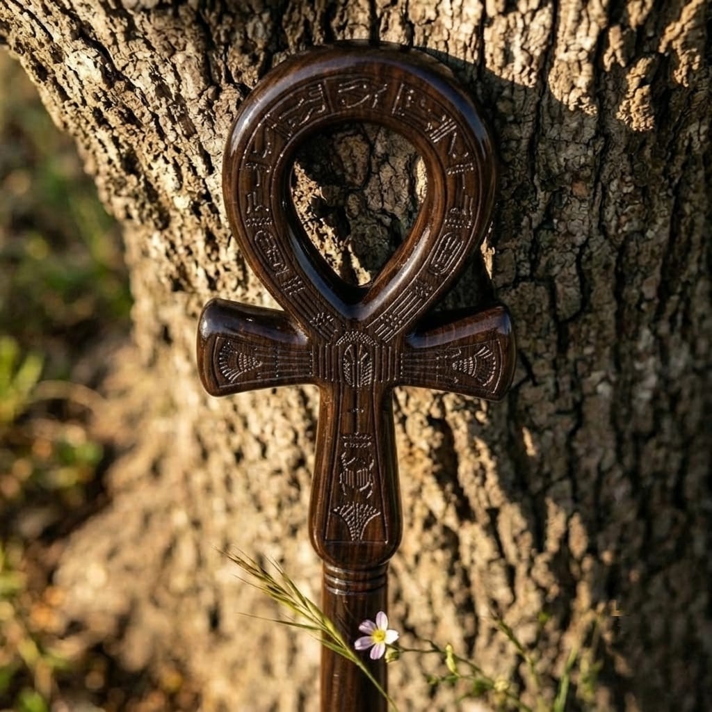 Wooden Ankh Staff Handcrafted Egyptian Pharaoh Scepter Walking Stick
