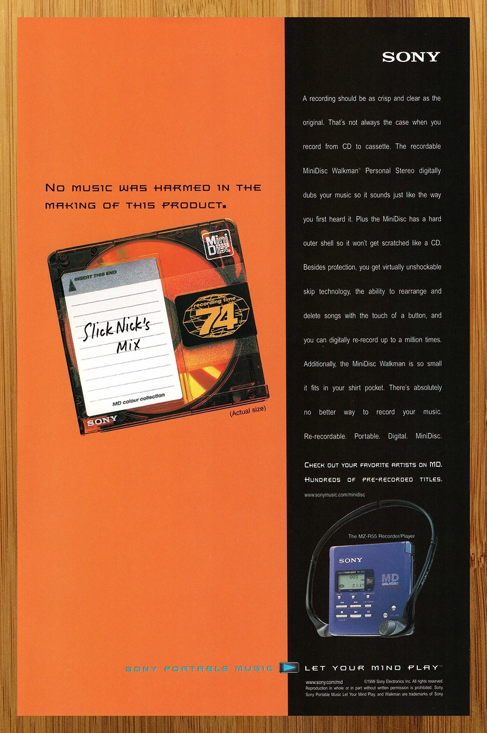 1999 Sony MD MiniDisc Vintage Print Ad/Poster Walkman Headphones Promo Art 90s