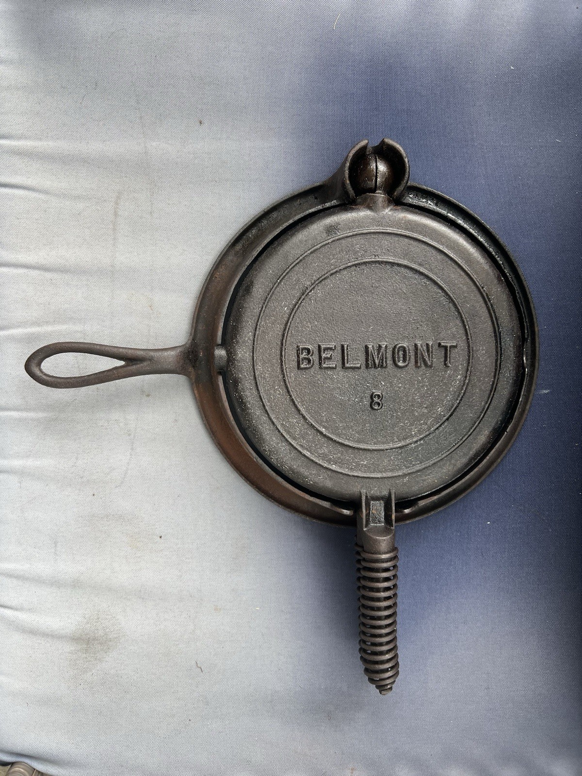 Clean Antique Belmont No. 8 Cast Iron Stovetop Waffle Maker w/ Base by Stover