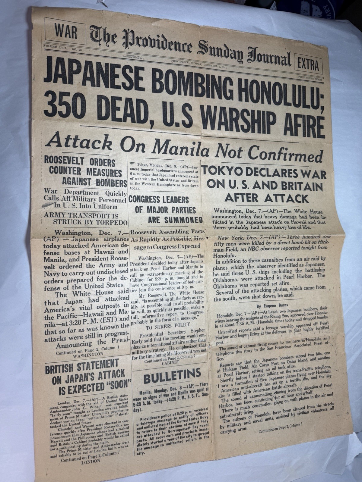 The Providence Sunday Journal from December 7, 1941 Pearl Harbor