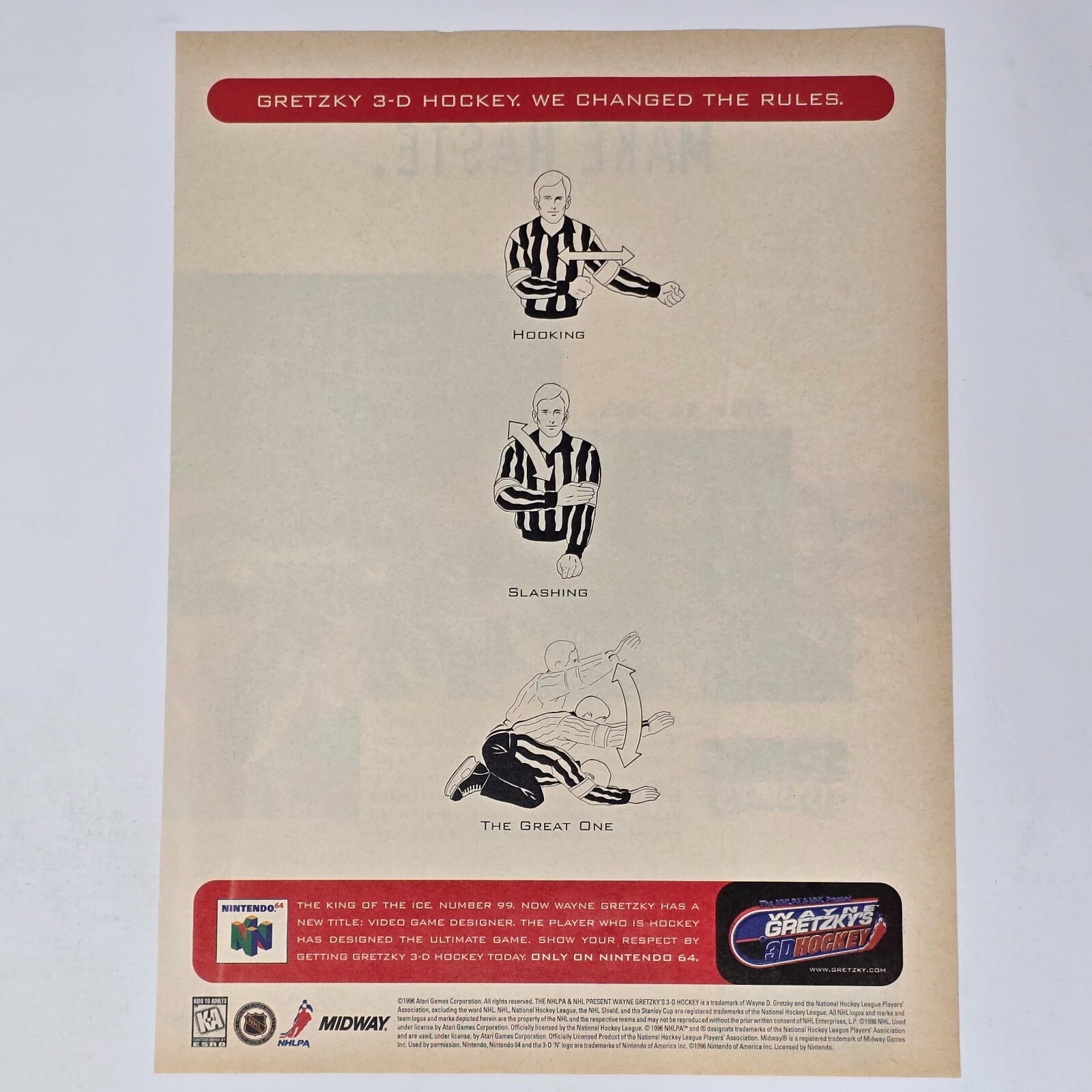 Wayne Gretzky's 3D Hockey Nintendo 64 N64 Rules Print Ad/Poster Promo Art