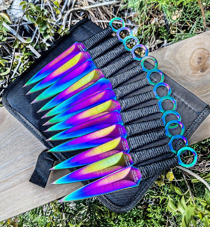 12pc Rainbow Ninja Throwing Knife Set Hunting Combat Naruto Kunai Knives New
