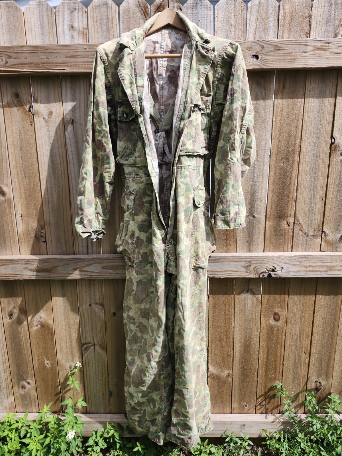 WWII US ARMY Frogskin Coveralls Suspenders Vintage Camo Stamped