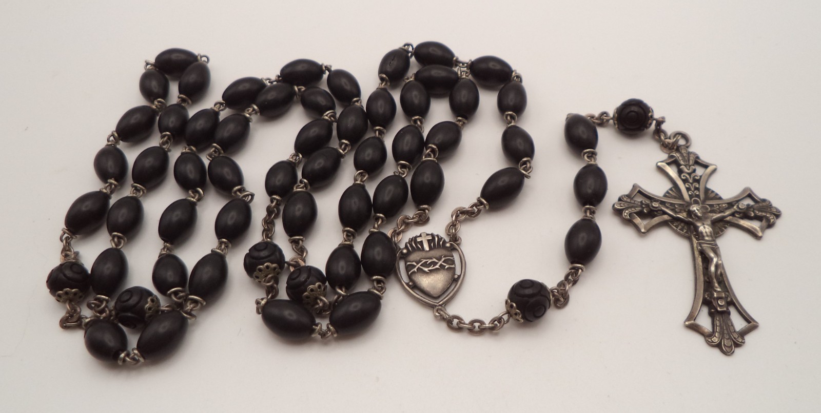 Vintage Italian 800 Silver Dark Wood Rosary Roma Catholic Crucifix Necklace 24\