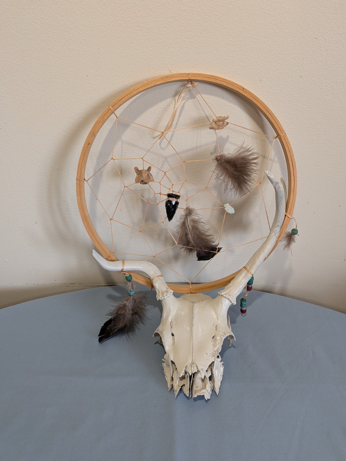 Large Dream Catcher Wall Hanging w/ Animal Skull Horns, Feathers, Beads