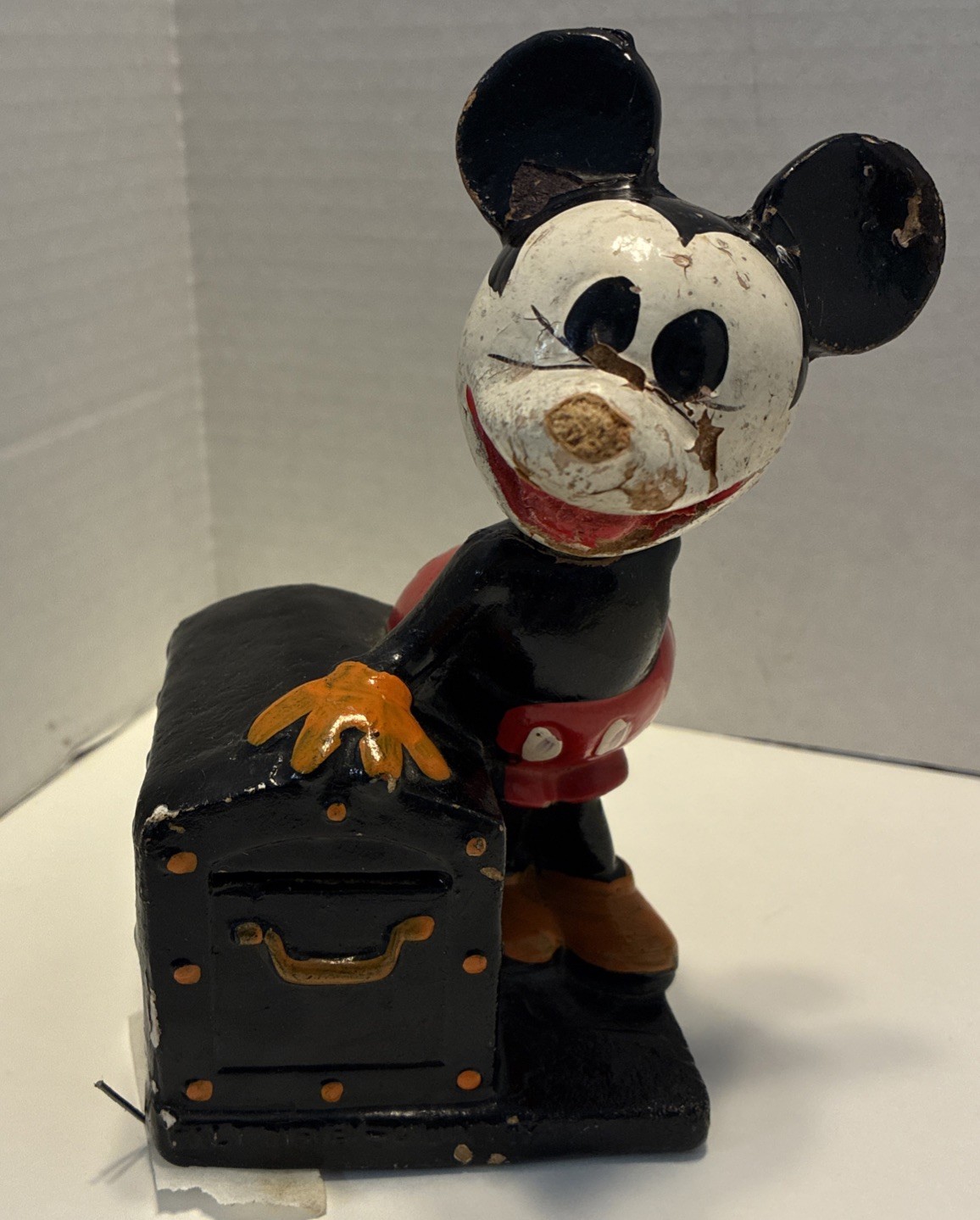 Vtg 1930s - 1950s Crown Toy Mickey Mouse Bank Treasure Chest Paper Mache Nodder 