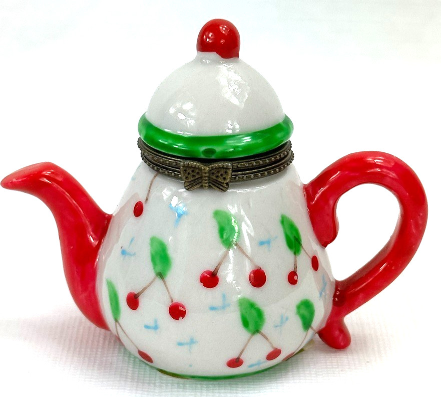 Darice Trinket Box Teapot Hinged Lid Cherries Porcelain No Trinket 2.75 inches