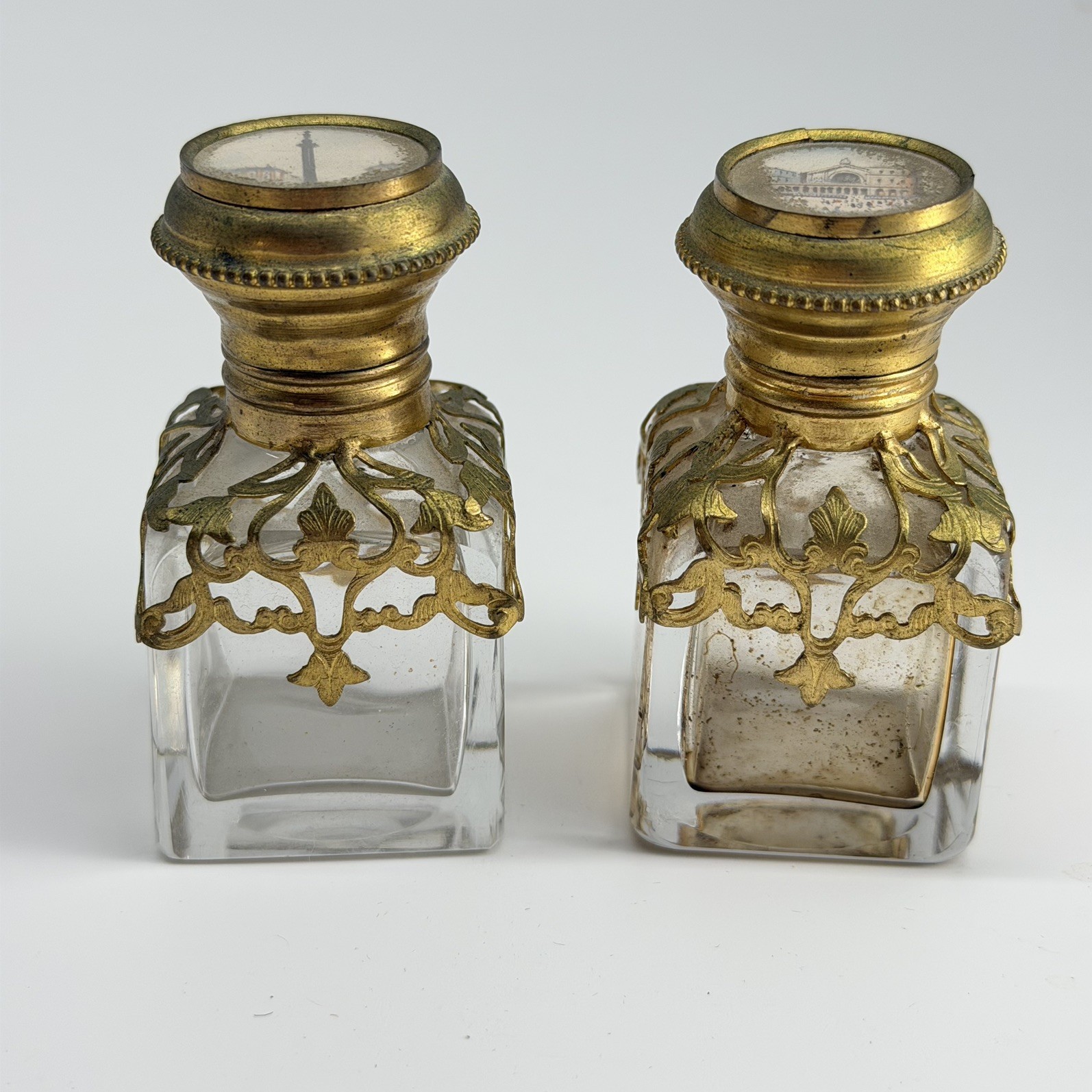Pair Antique Grand Tour Perfume Bottles 19th C Gilt