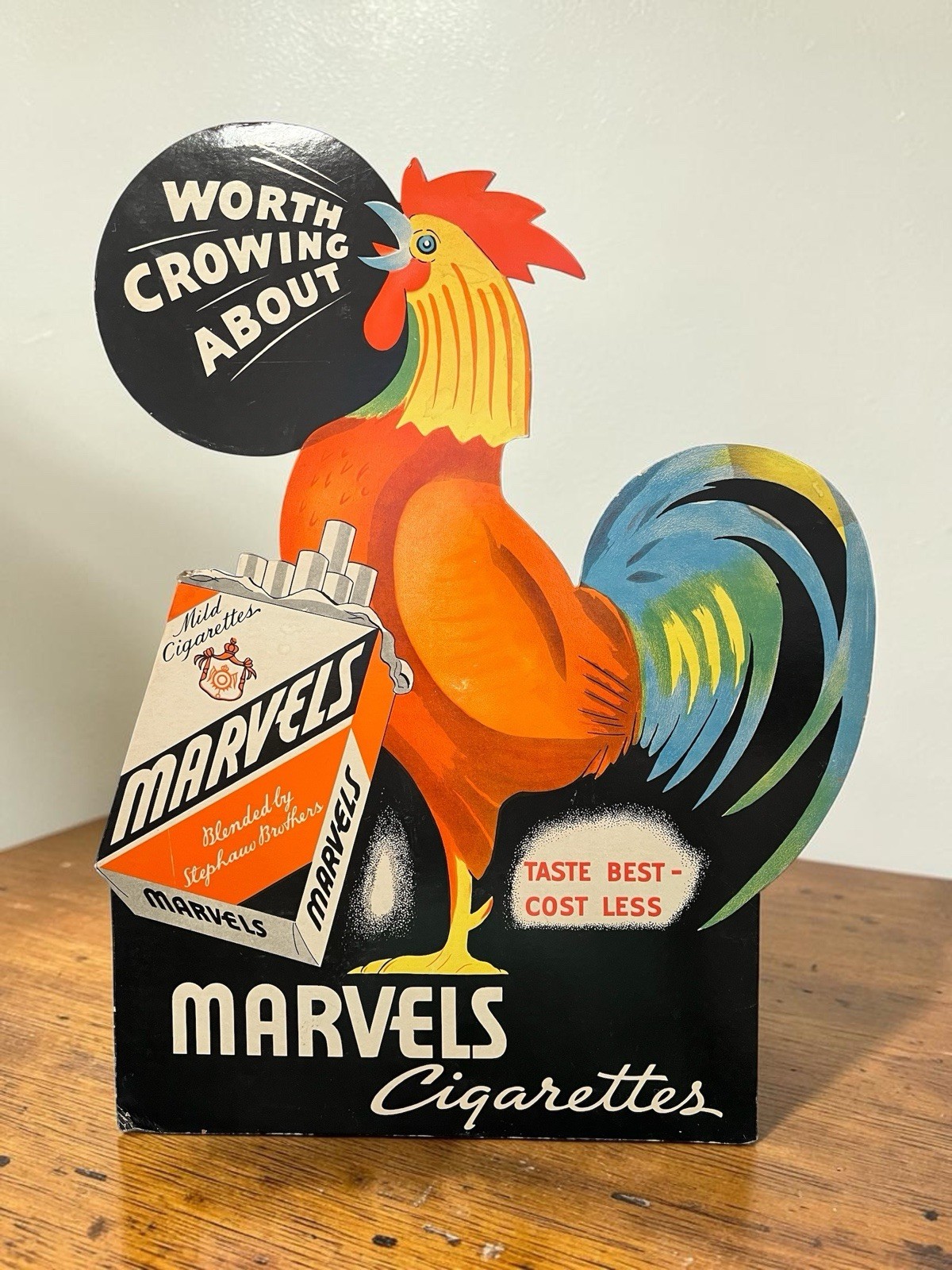 1940s Marvels Cigarettes Cardboard Display Sign Rooster Worth Crowing About Vtg
