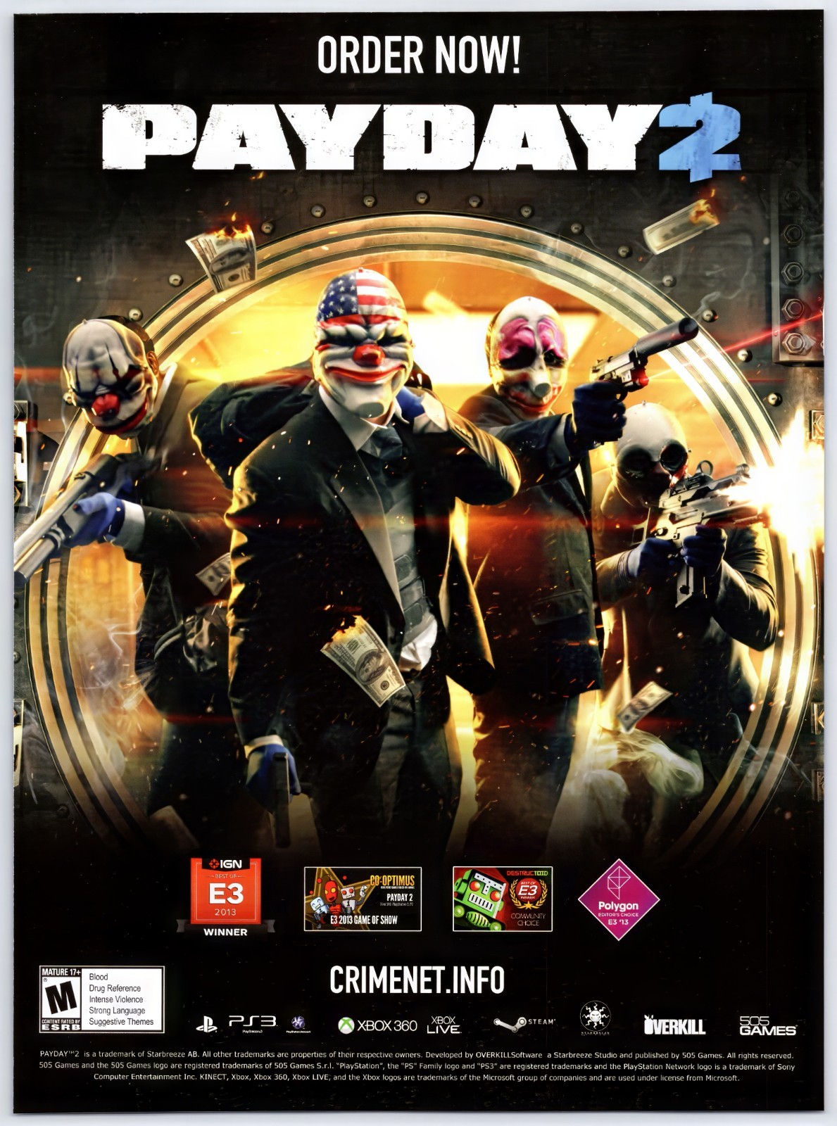 Payday 2 - PS3 Xbox 360 Game - Vintage Original Print Ad/Poster Promo Art 2013