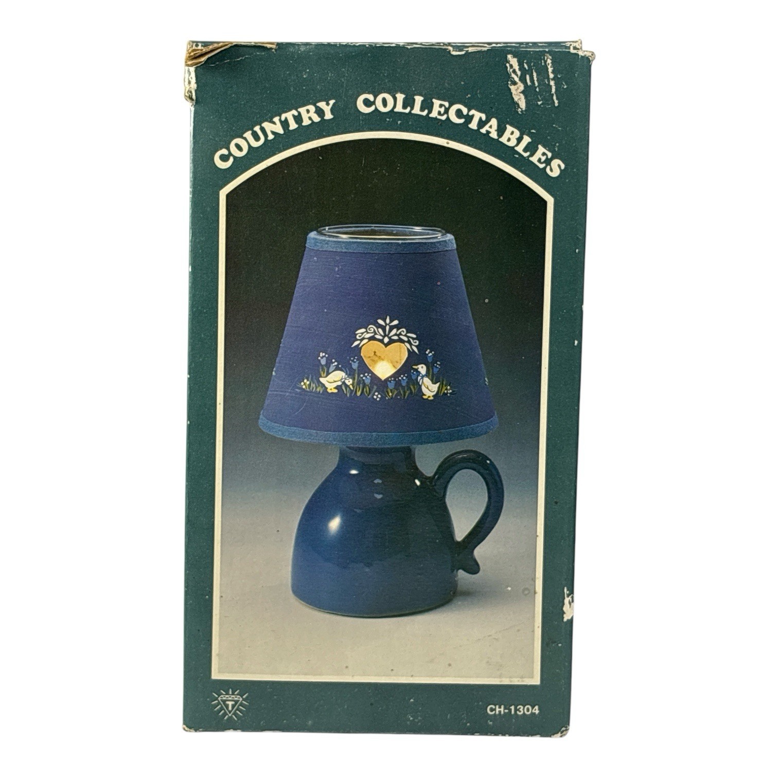 NIB Vtg Country Collectables Ceramic Blue Jug Votive Lamp w/ Shade Goose Heart