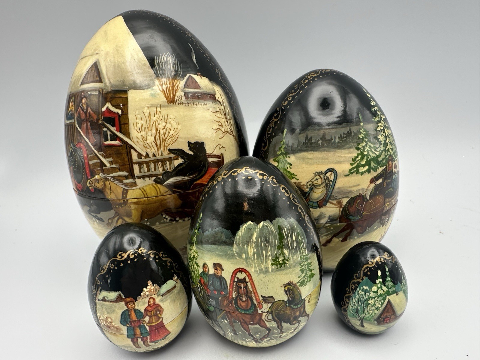 RARE Vintage 1994 Russian Nesting Eggs Artist Signed Dated Five Winter Scene