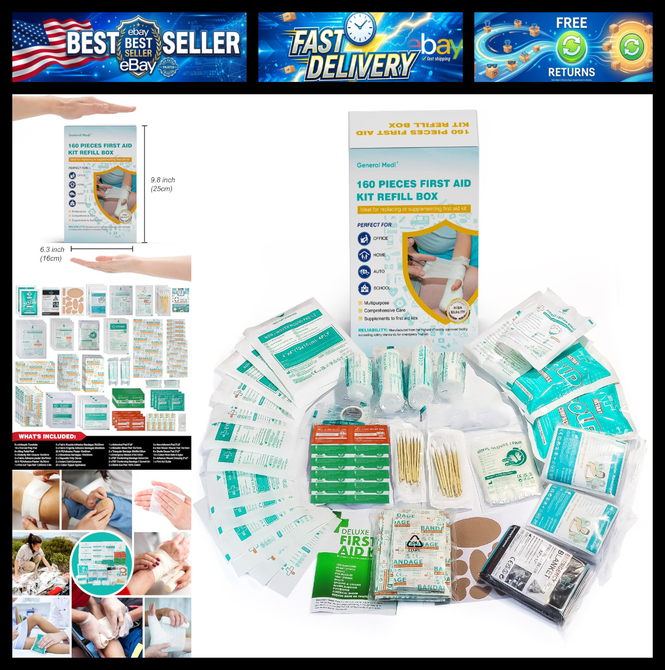 General Medi 160 Piece First Aid Kit Bag Refill Kit - Includes Instant Cold Pack