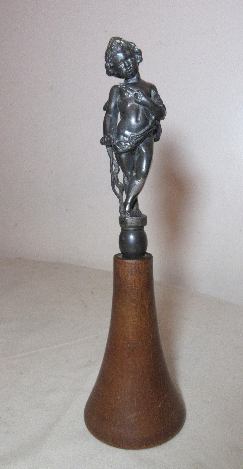 antique Victorian silverplate figural cupid cherub statue figure teak wood base 
