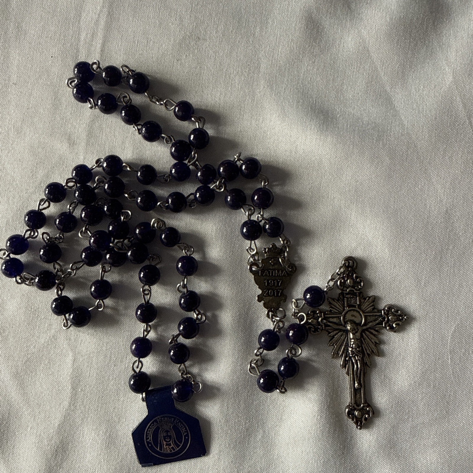 Vintage Blue 1917-2017 Our Lady of Fatima Centennial Commemorative Rosary w Tag.