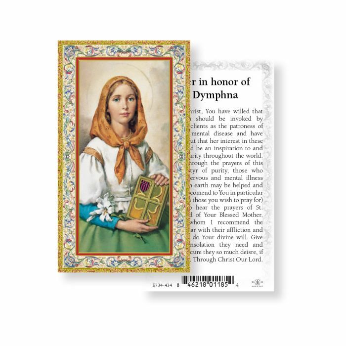 Prayer in honor of Saint St. Dymphna - gold trim - Paperstock Holy Card