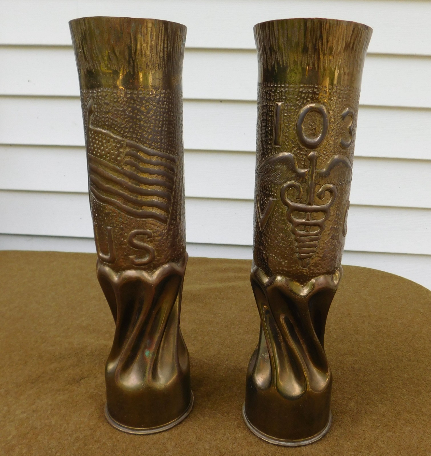 RARE ORIGINAL WWI U.S. ARMY 103RD VETERINARY CORPS TRENCH ART SHELLS MATCHED SET