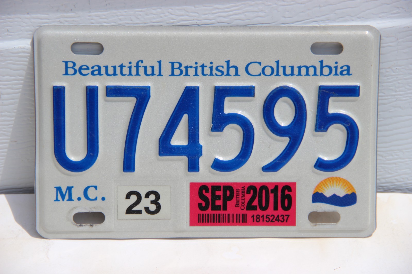 2016 British Colombia  Motorcycle License Plate U74595