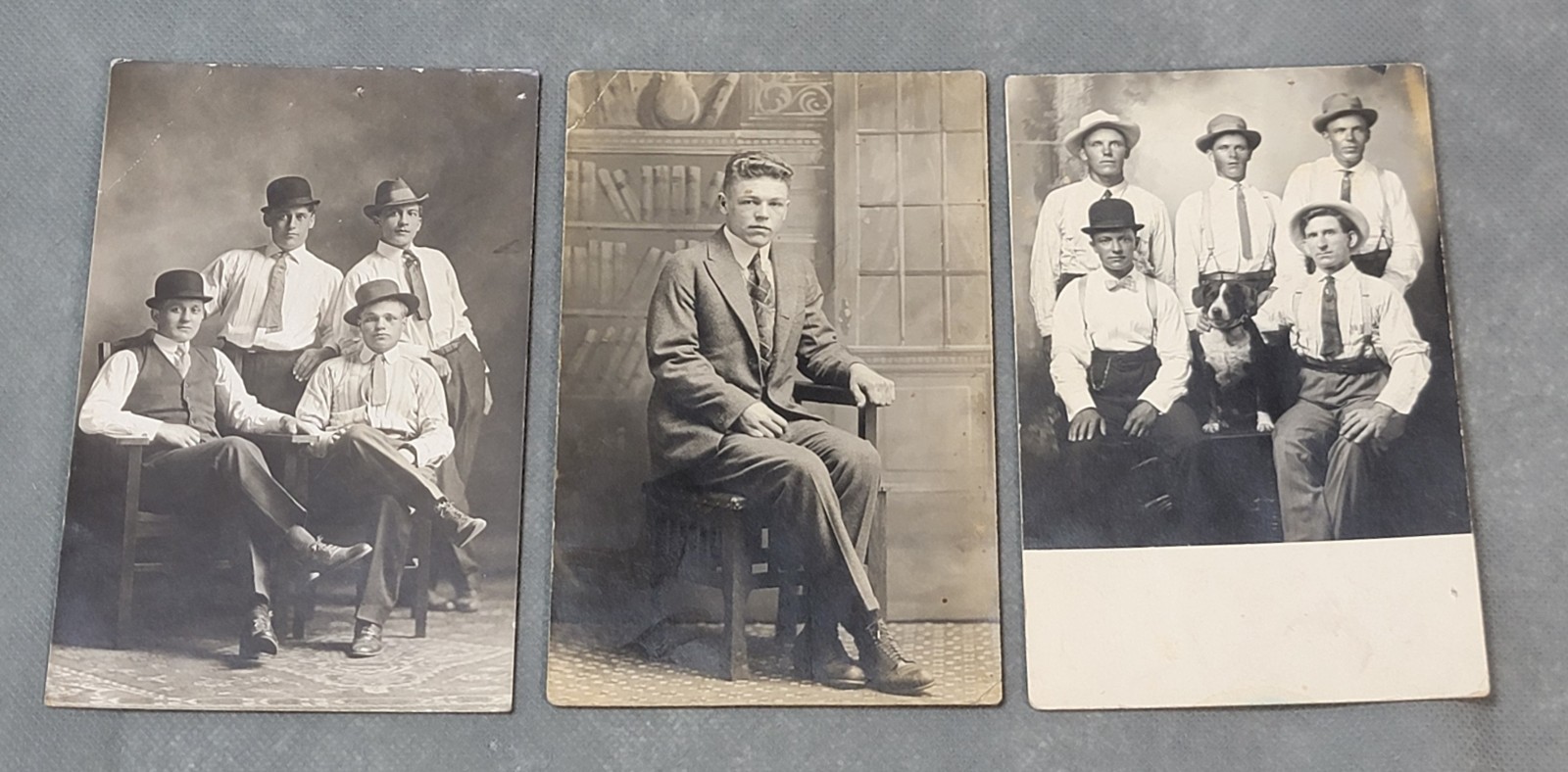 Vintage RPPC Real Photo GENTLEMEN WITH HATS & DOG Unused POSTCARDS Lot of 3